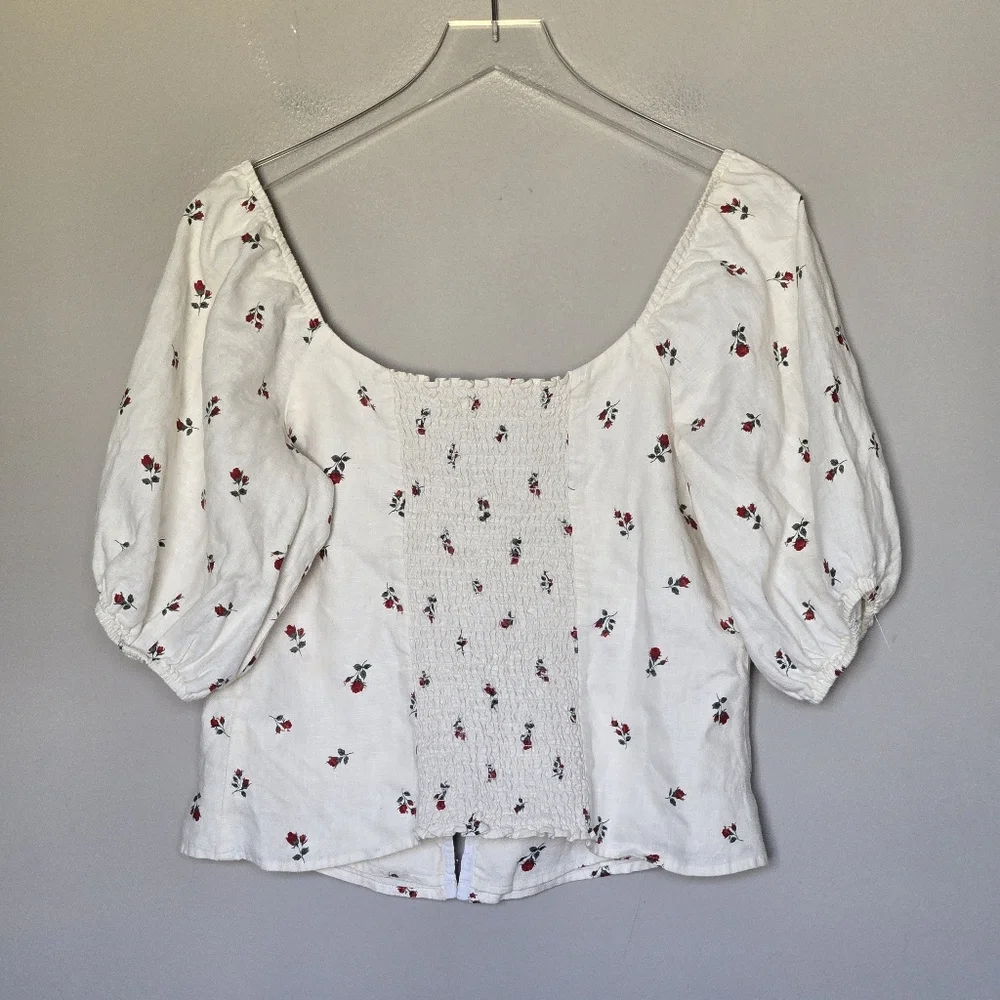 Reformation Romi White Floral Puff Sleeve Corset Linen Cottagecore Milkmaid Top